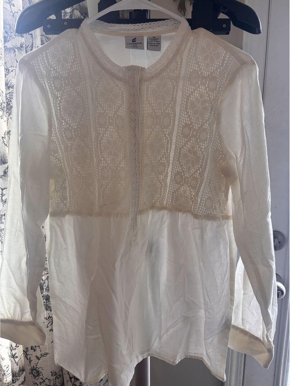 Caribbean Joe 100% Cotton Crochet Lace Blouse Petite Medium Boho Cottagecore